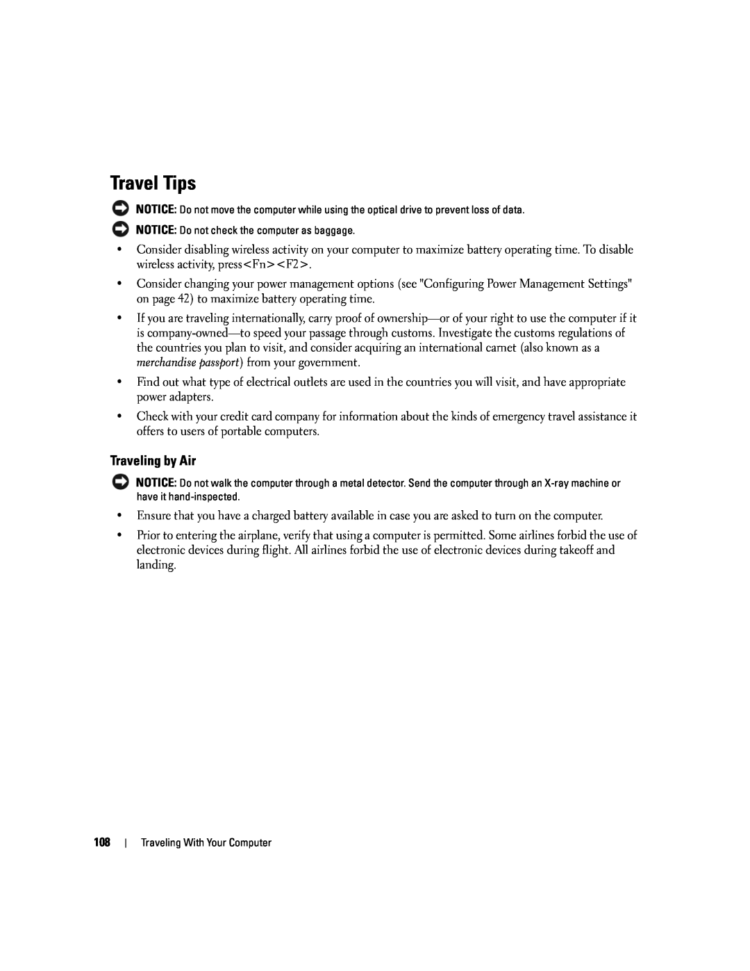 Dell 1501 owner manual Travel Tips, Traveling by Air 