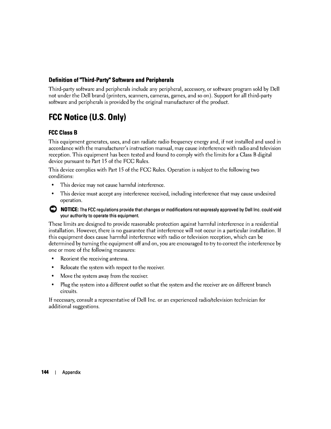 Dell 1501 owner manual FCC Notice U.S. Only, Definition of Third-Party Software and Peripherals, FCC Class B 