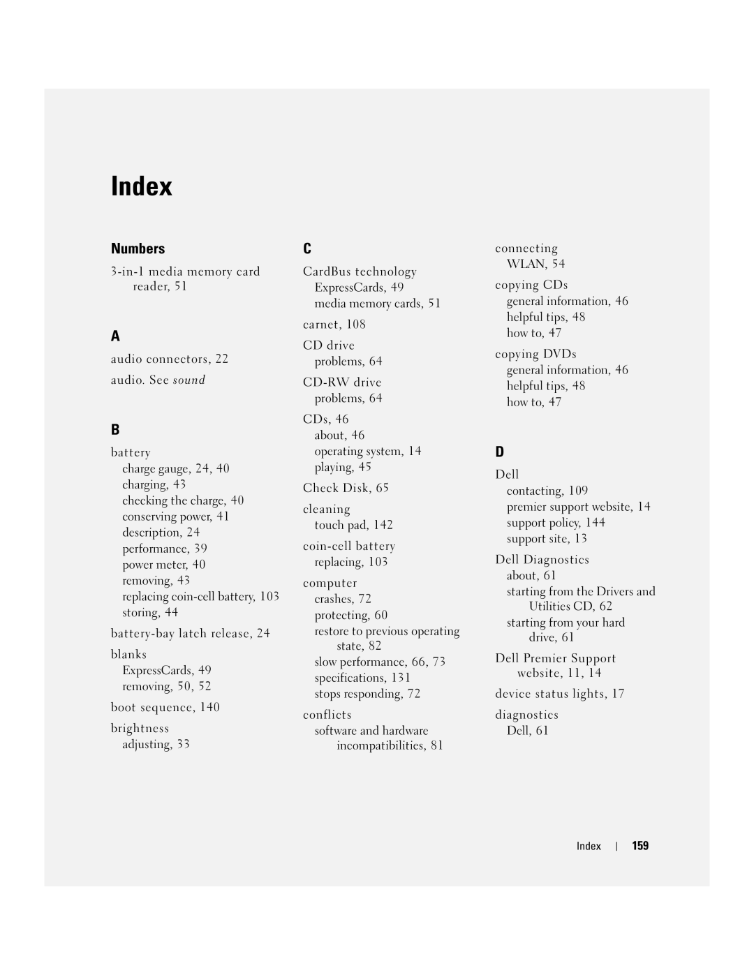 Dell 1501 owner manual Index, Numbers 