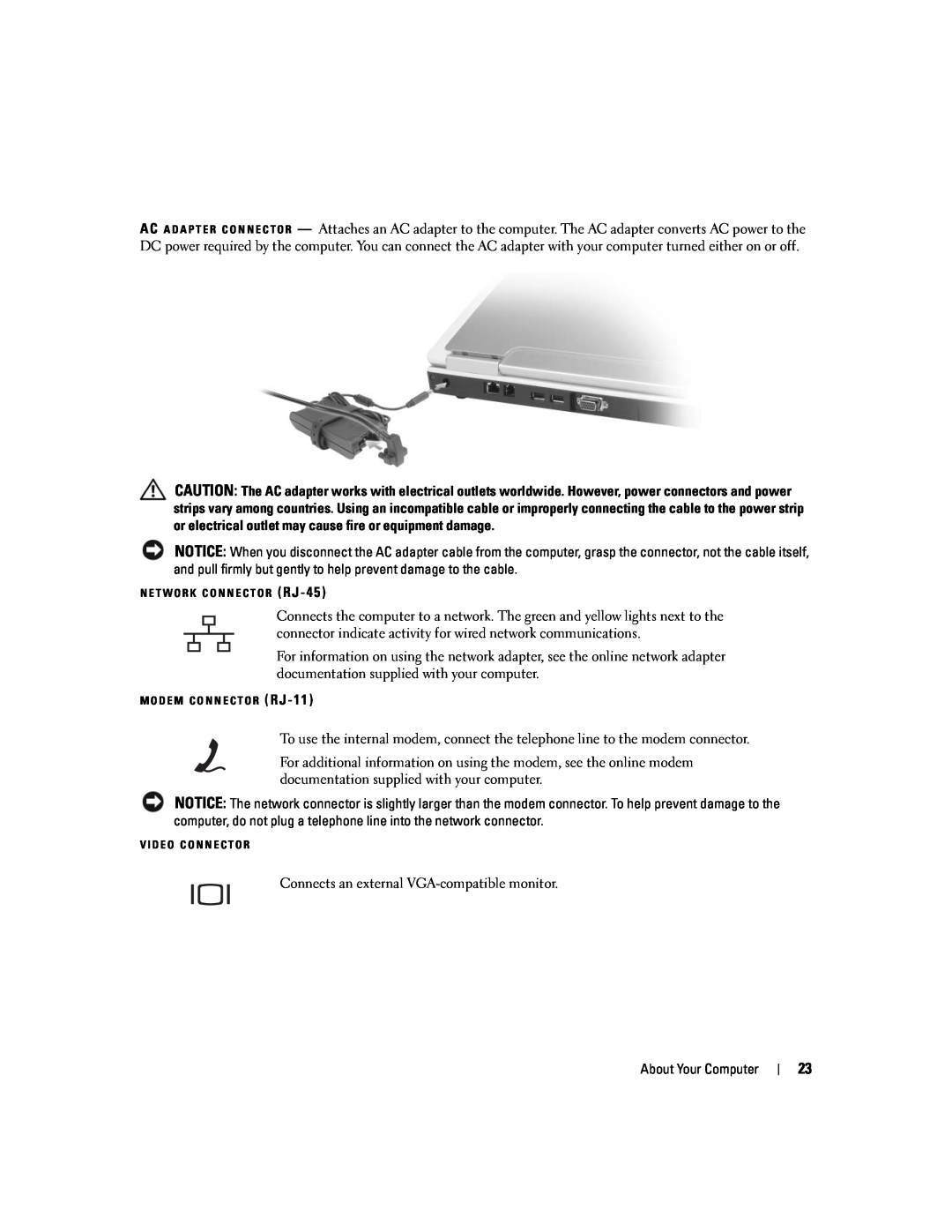 Dell 1501 owner manual Connects an external VGA-compatible monitor 