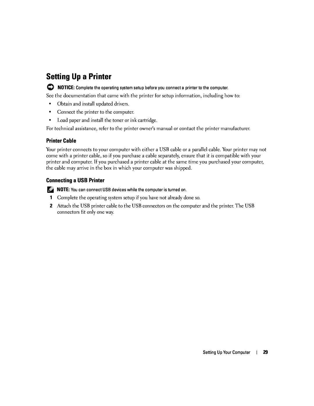 Dell 1501 owner manual Setting Up a Printer, Printer Cable, Connecting a USB Printer 