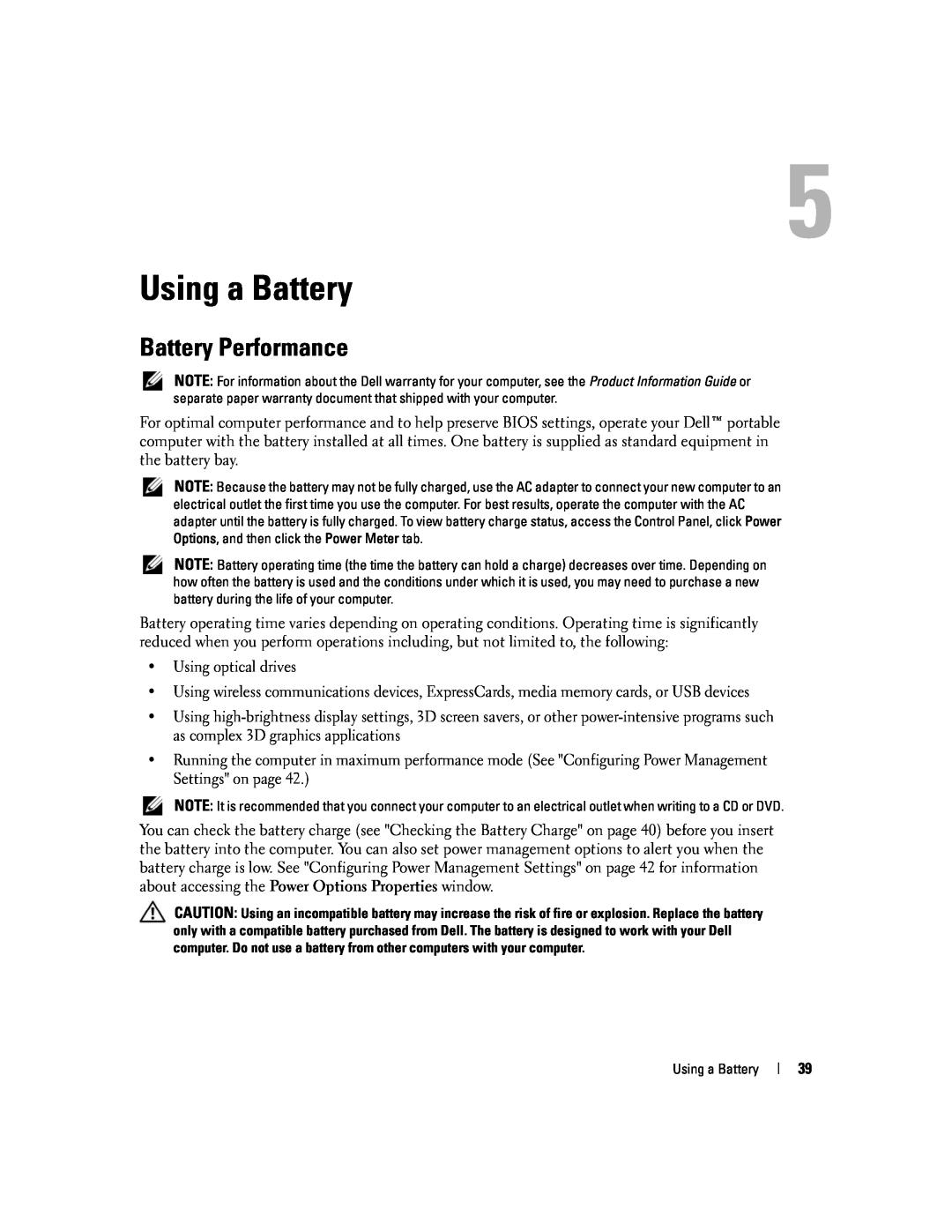 Dell 1501 owner manual Using a Battery, Battery Performance 