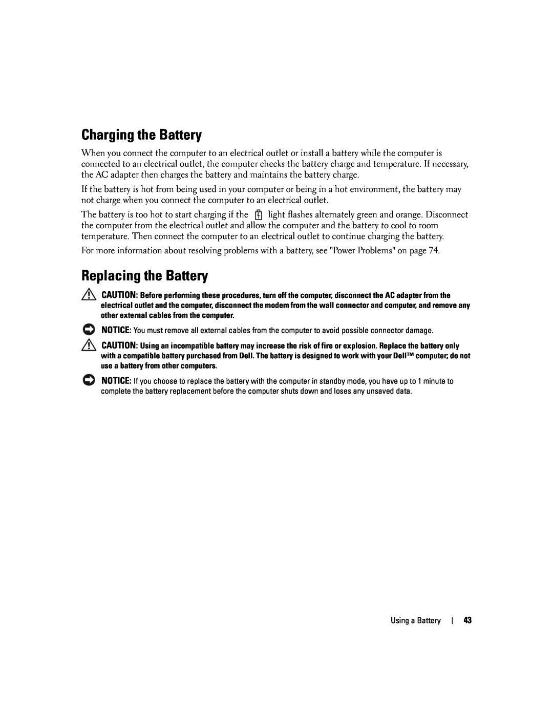 Dell 1501 owner manual Charging the Battery, Replacing the Battery 