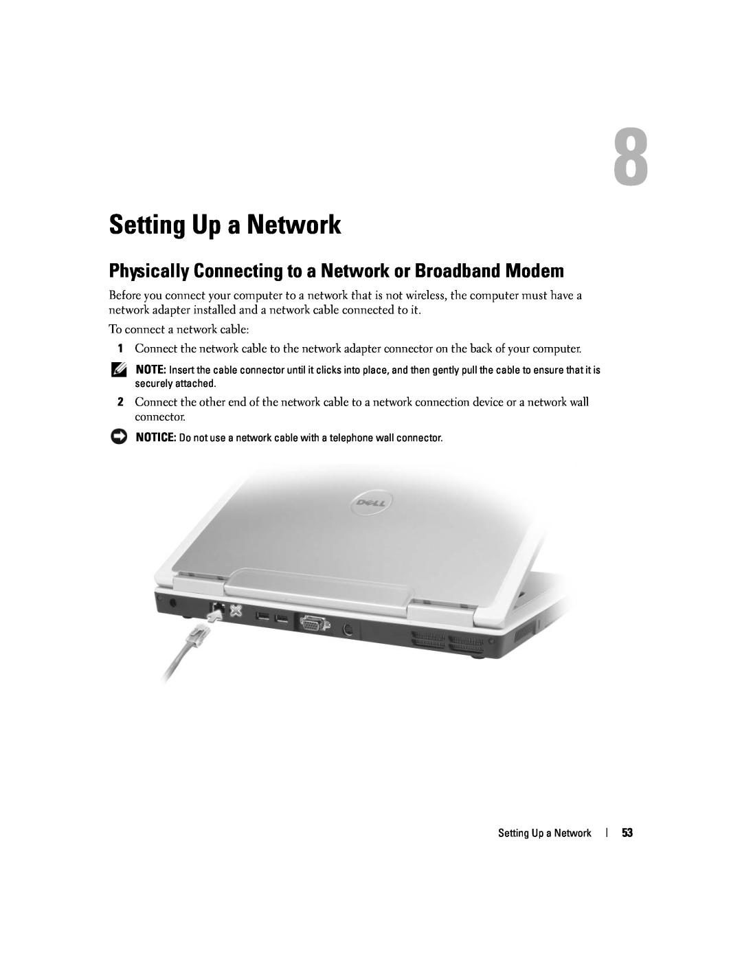 Dell 1501 owner manual Setting Up a Network, Physically Connecting to a Network or Broadband Modem 