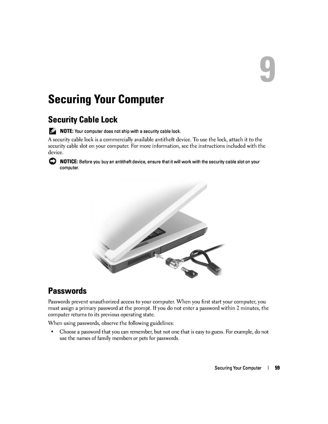 Dell 1501 owner manual Securing Your Computer, Security Cable Lock, Passwords 