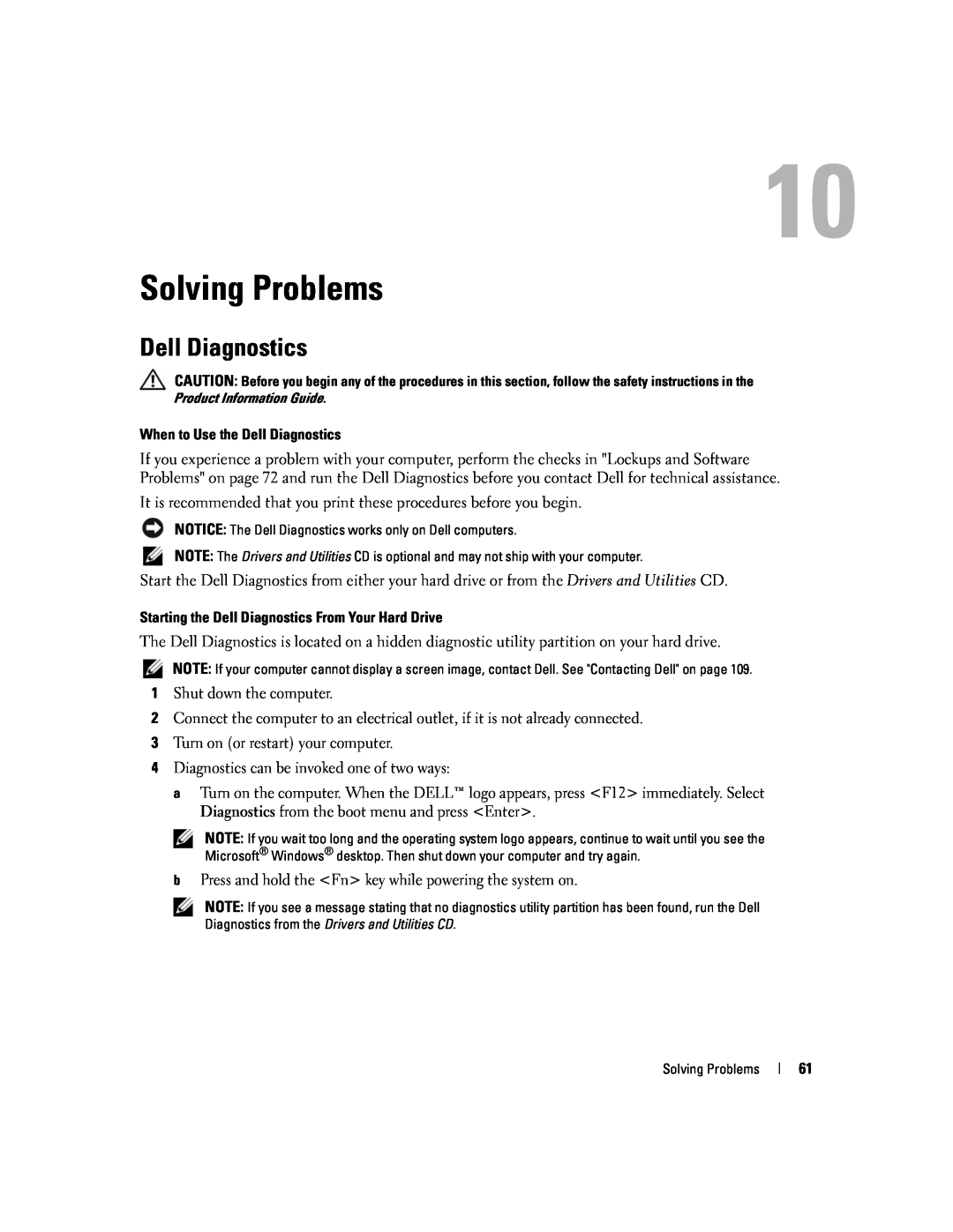 Dell 1501 owner manual Solving Problems, Dell Diagnostics 