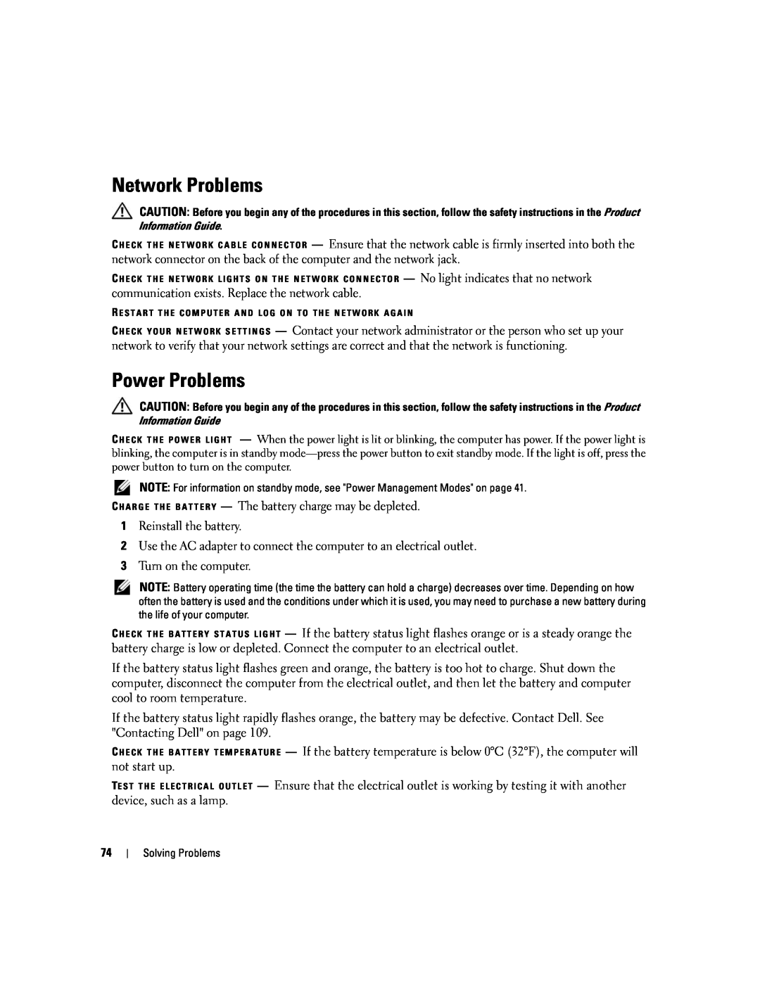 Dell 1501 owner manual Network Problems, Power Problems 