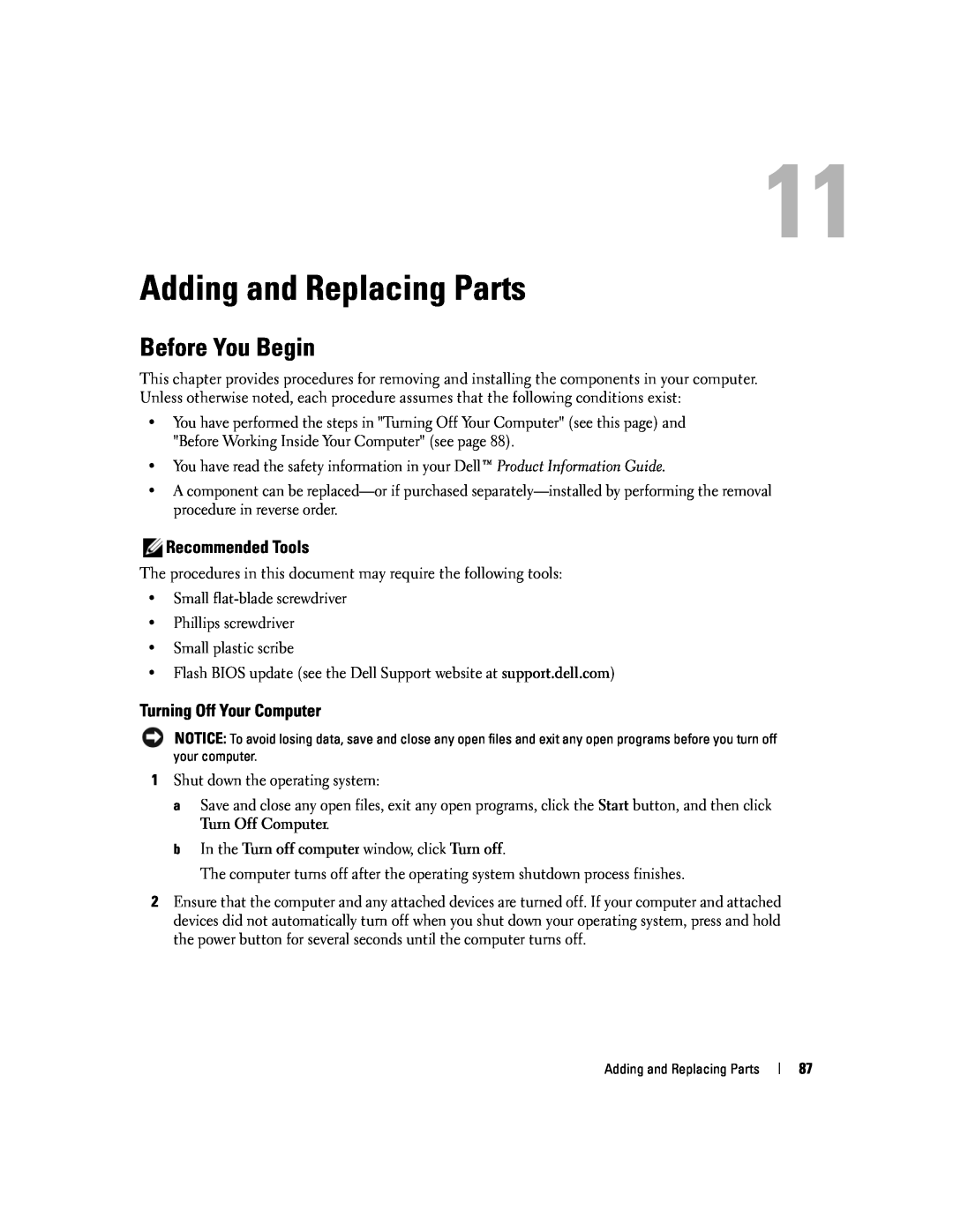 Dell 1501 owner manual Adding and Replacing Parts, Before You Begin, Recommended Tools, Turning Off Your Computer 