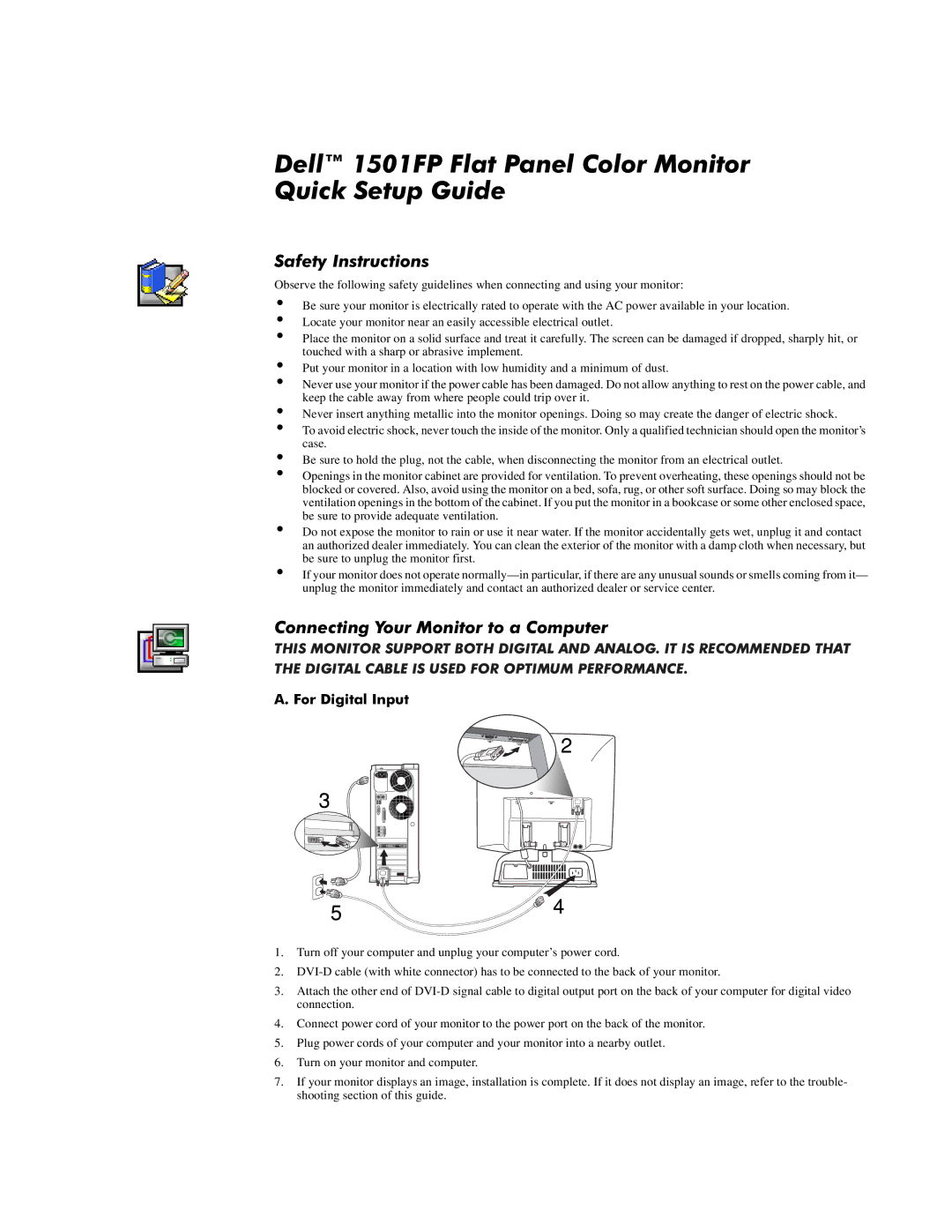 Dell 1501FP manual 6DIHW\,QVWUXFWLRQV, RQQHFWLQJRXU0RQLWRUWRD&RPSXWHU, $Ruljlwdo,Qsxw 