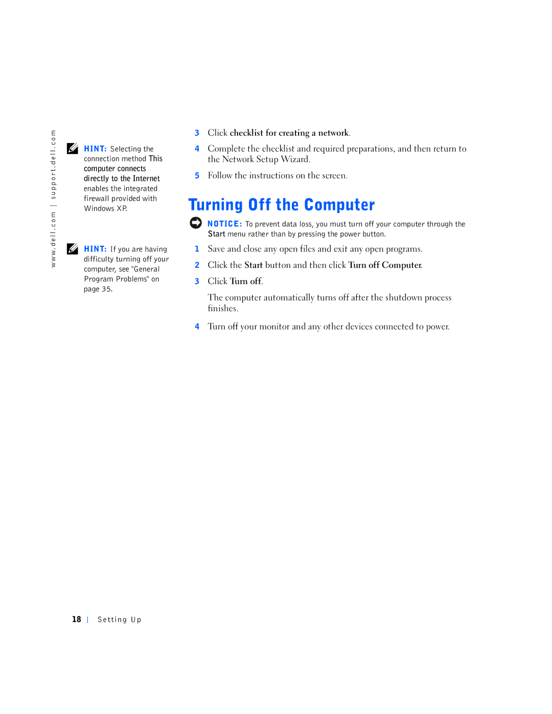 Dell 150D, 1N016 manual Click checklist for creating a network, Click Turn off 