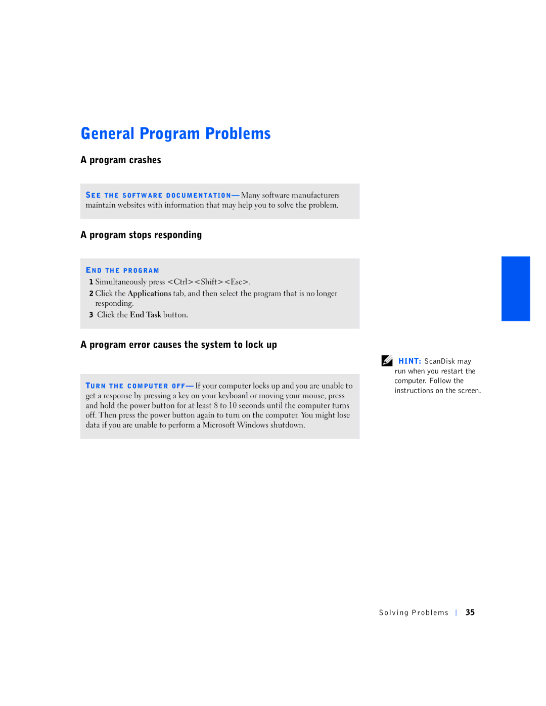 Dell 1N016, 150D manual Program crashes, Program stops responding, Program error causes the system to lock up 