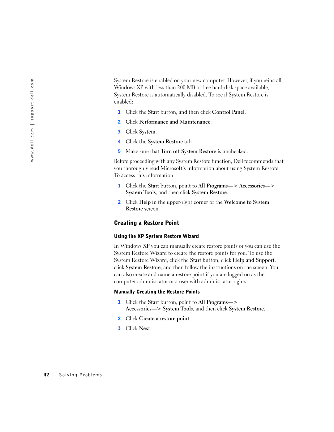 Dell 150D, 1N016 manual Creating a Restore Point, Click Performance and Maintenance, Click the System Restore tab 