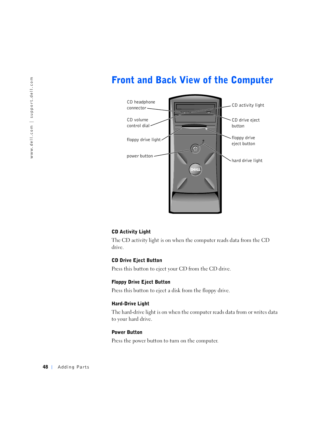 Dell 150D, 1N016 manual CD Activity Light, CD Drive Eject Button, Floppy Drive Eject Button, Hard-Drive Light, Power Button 