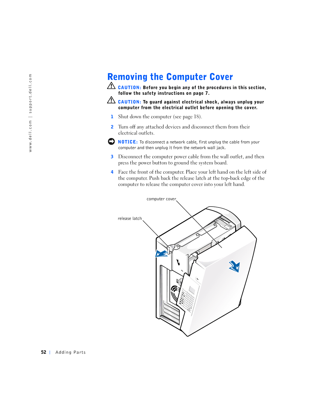 Dell 150D, 1N016 manual Computer cover Release latch Adding Parts 