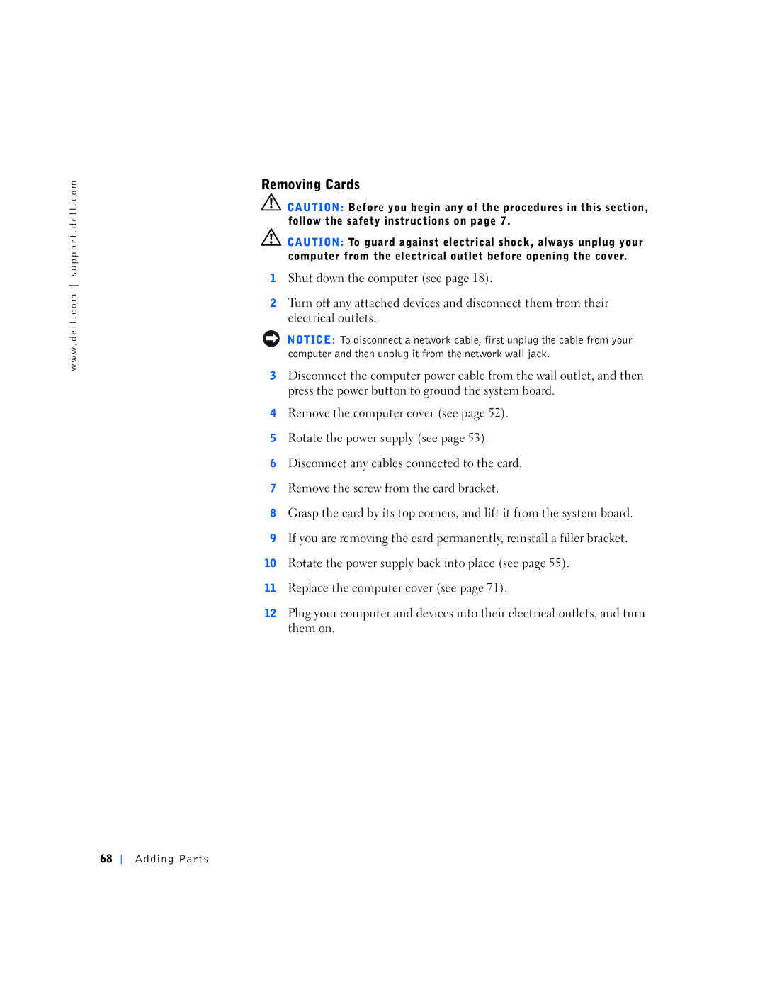 Dell 150D, 1N016 manual Removing Cards 