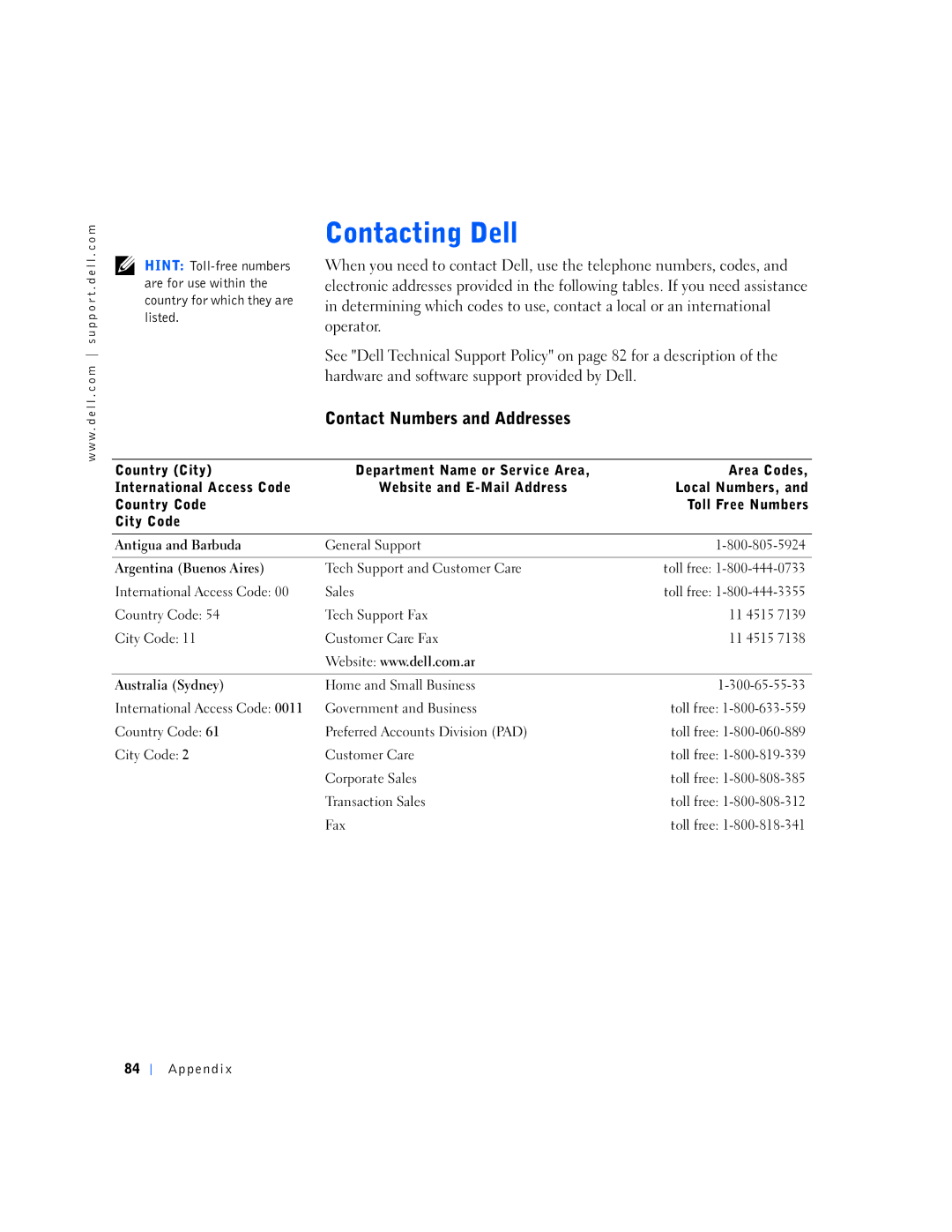 Dell 150D, 1N016 manual Contact Numbers and Addresses 