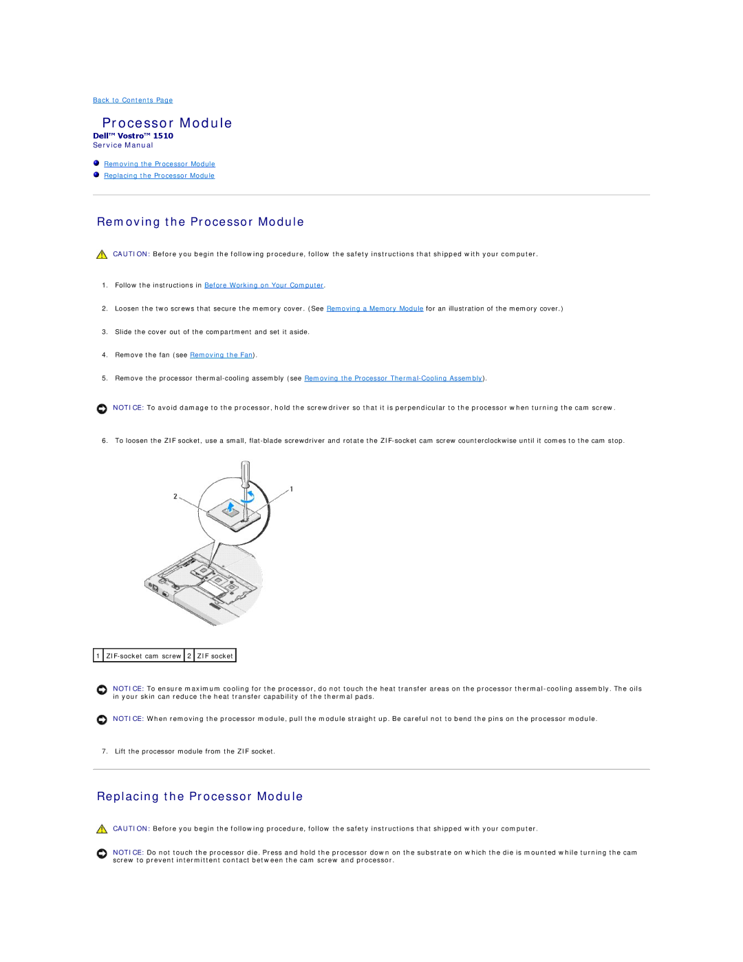 Dell 1510 service manual Removing the Processor Module, Replacing the Processor Module 