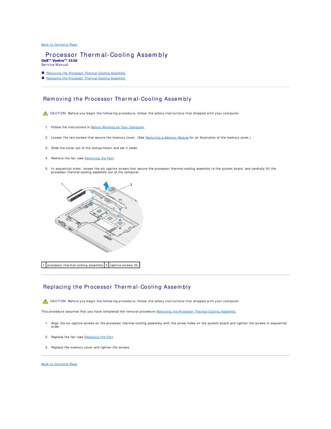 Dell 1510 Removing the Processor Thermal-Cooling Assembly, Replacing the Processor Thermal-Cooling Assembly 