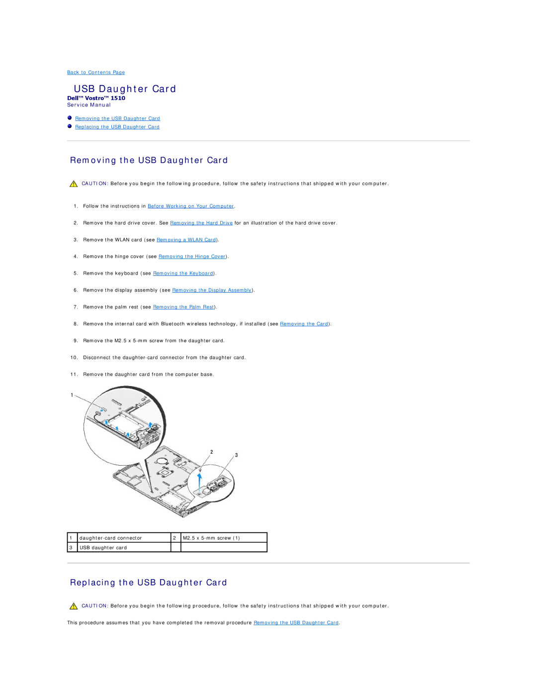 Dell 1510 service manual Removing the USB Daughter Card, Replacing the USB Daughter Card 