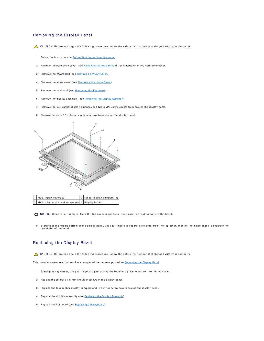 Dell 1510 service manual Removing the Display Bezel, Replacing the Display Bezel 