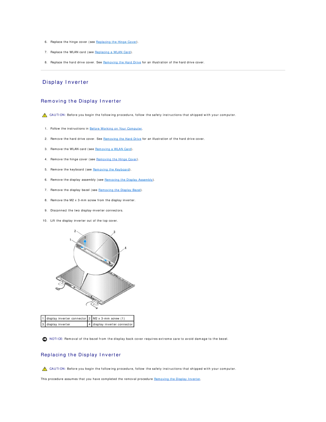 Dell 1510 service manual Removing the Display Inverter, Replacing the Display Inverter 