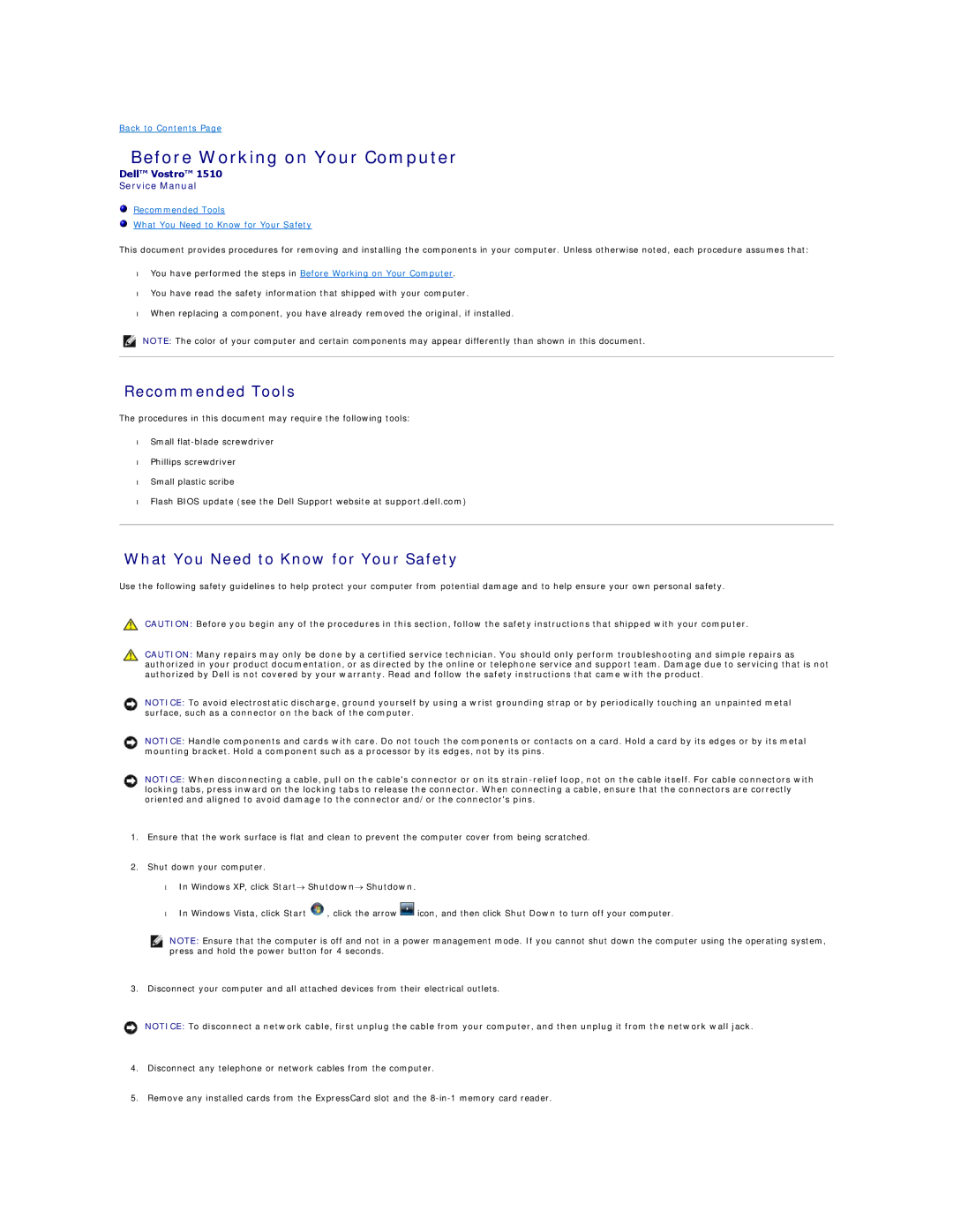Dell 1510 service manual Before Working on Your Computer, Recommended Tools, What You Need to Know for Your Safety 