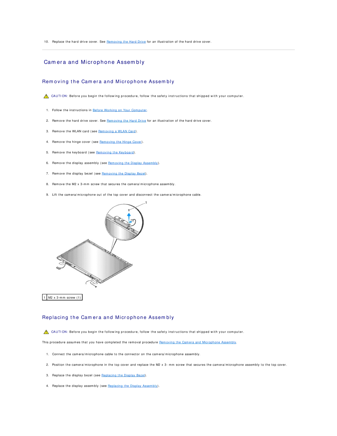 Dell 1510 service manual Removing the Camera and Microphone Assembly, Replacing the Camera and Microphone Assembly 