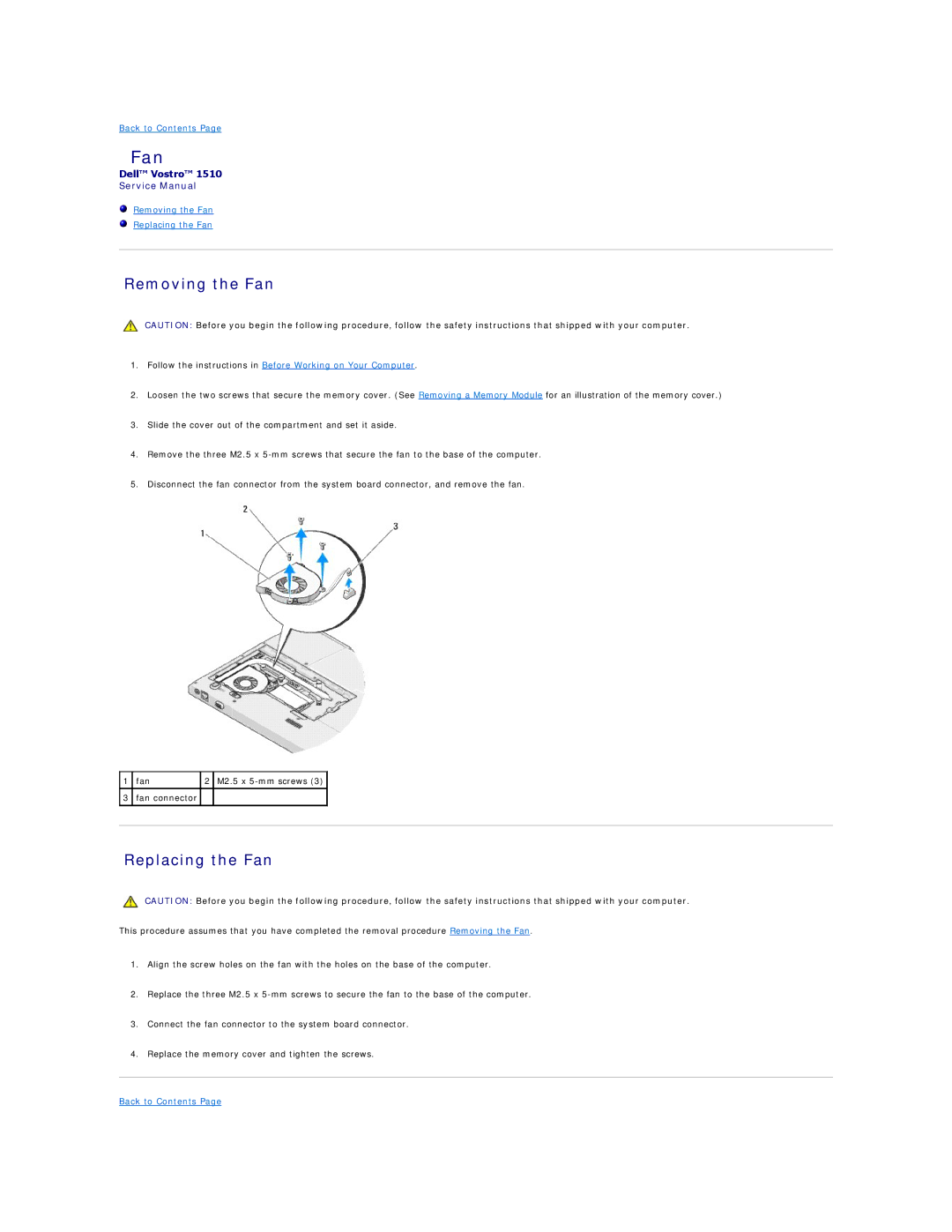 Dell 1510 service manual Removing the Fan, Replacing the Fan 