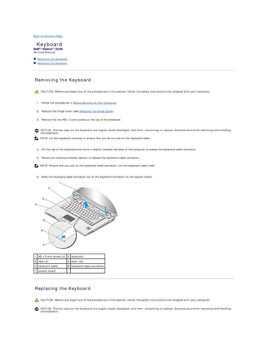 Dell 1510 service manual Removing the Keyboard, Replacing the Keyboard 