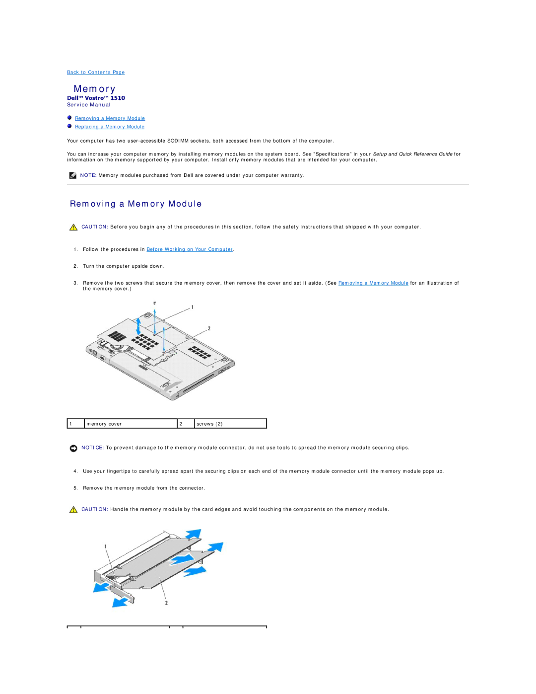 Dell 1510 service manual Removing a Memory Module 