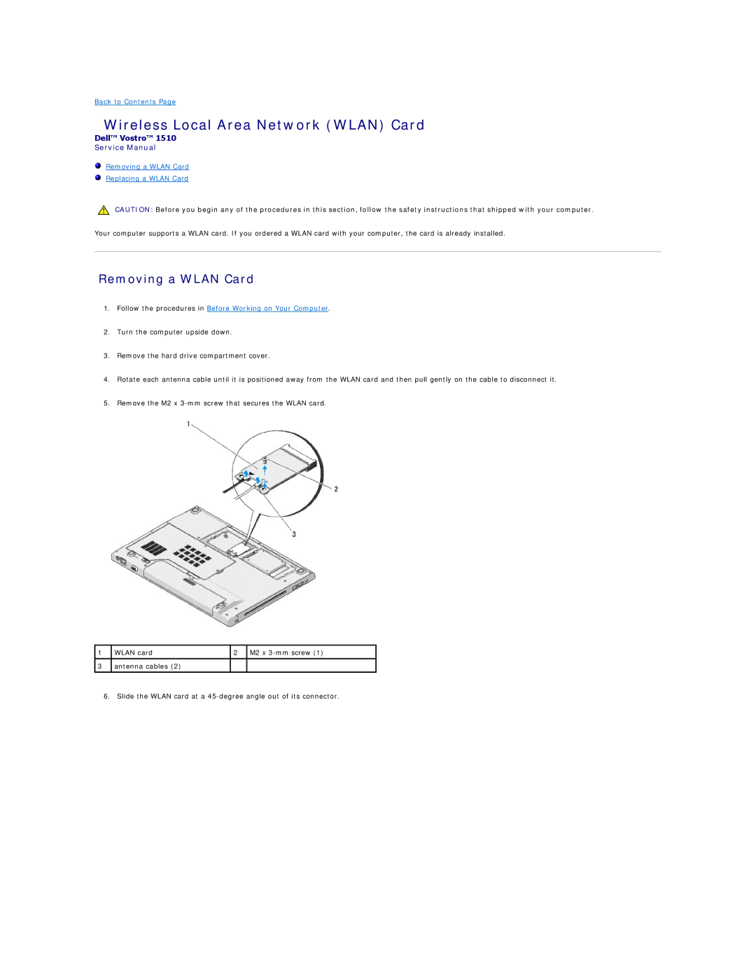 Dell 1510 service manual Wireless Local Area Network Wlan Card, Removing a Wlan Card 