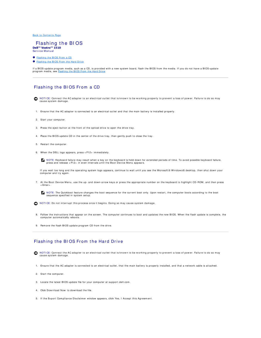 Dell 1510 service manual Flashing the Bios From a CD, Flashing the Bios From the Hard Drive 