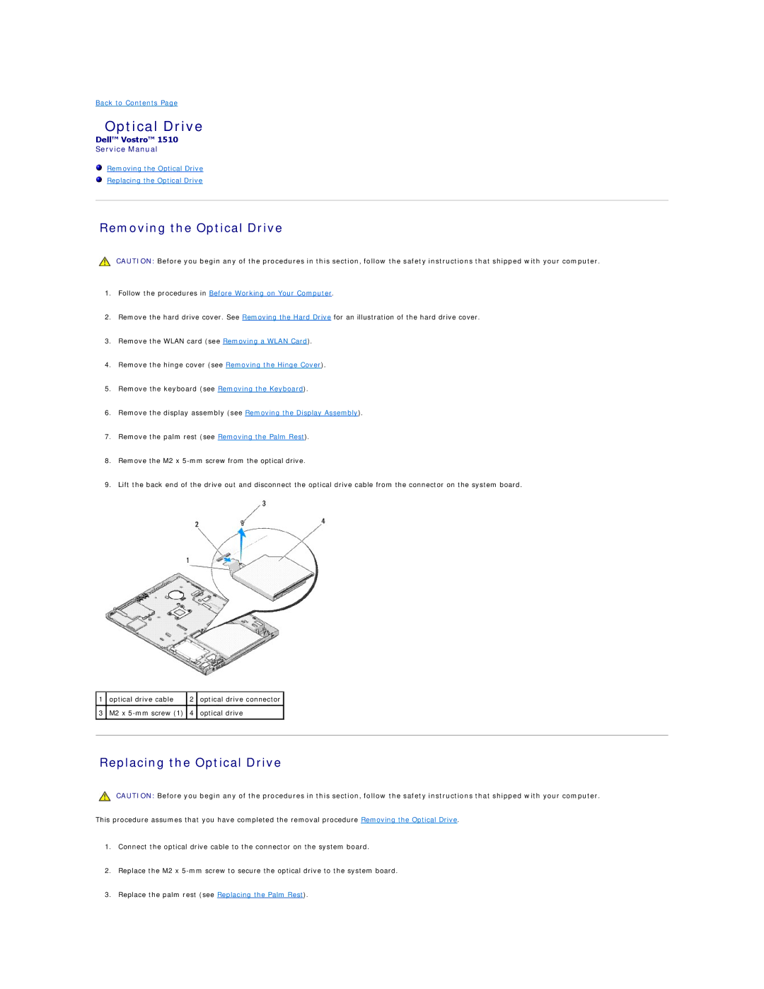 Dell 1510 service manual Removing the Optical Drive, Replacing the Optical Drive 