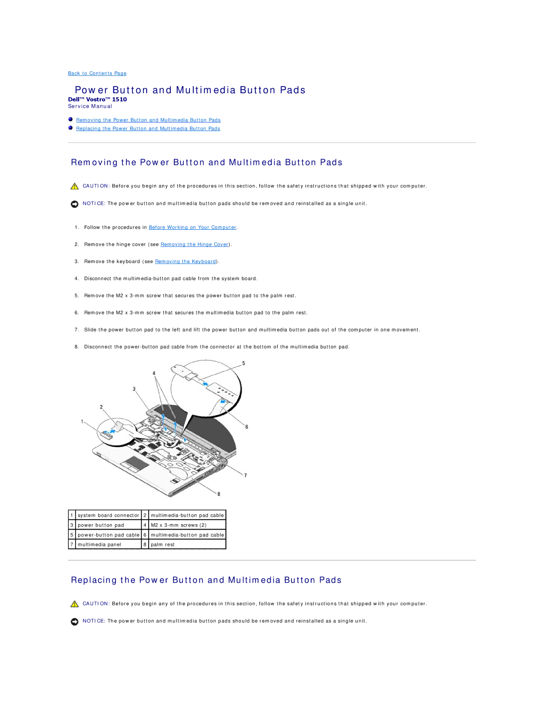 Dell 1510 Removing the Power Button and Multimedia Button Pads, Replacing the Power Button and Multimedia Button Pads 