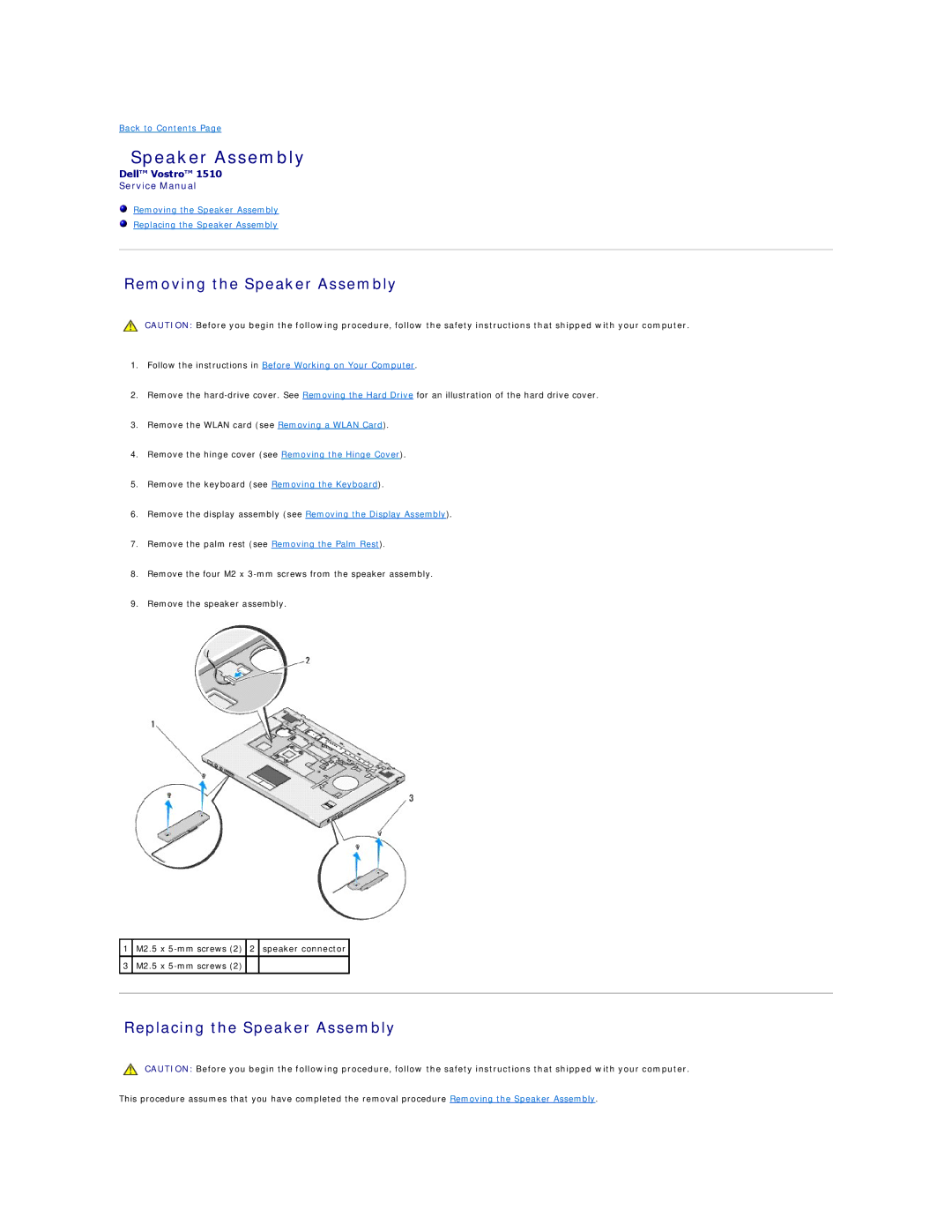 Dell 1510 service manual Removing the Speaker Assembly, Replacing the Speaker Assembly 