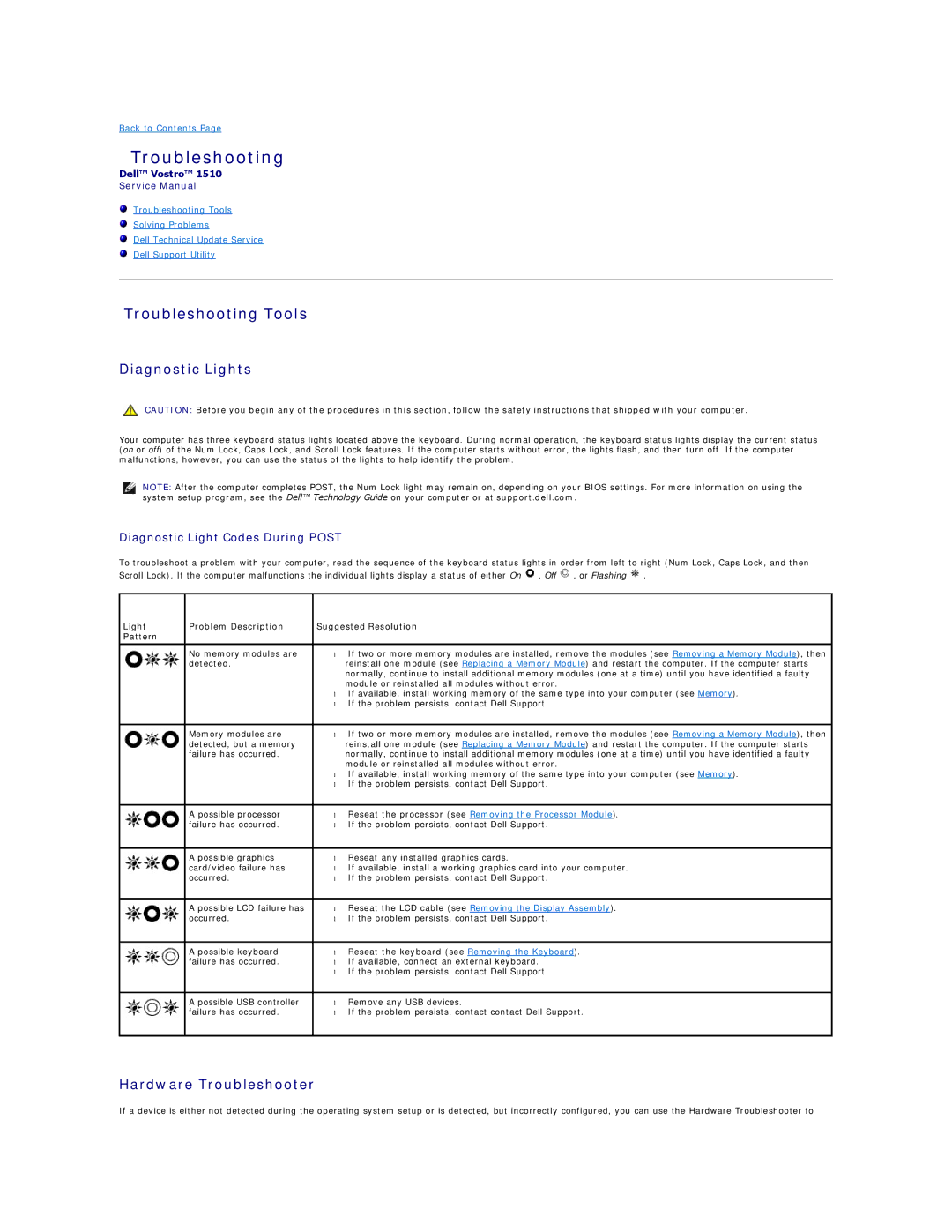 Dell 1510 Troubleshooting Tools, Diagnostic Lights, Hardware Troubleshooter, Diagnostic Light Codes During Post 