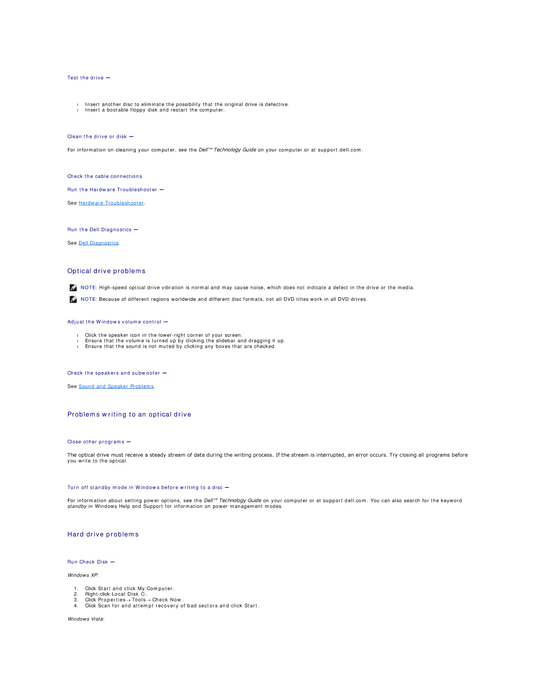 Dell 1510 service manual Optical drive problems, Problems writing to an optical drive, Hard drive problems 