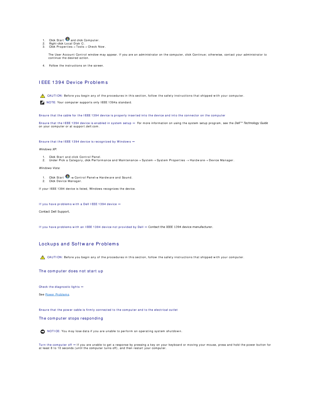 Dell 1510 Ieee 1394 Device Problems, Lockups and Software Problems, Computer does not start up, Computer stops responding 