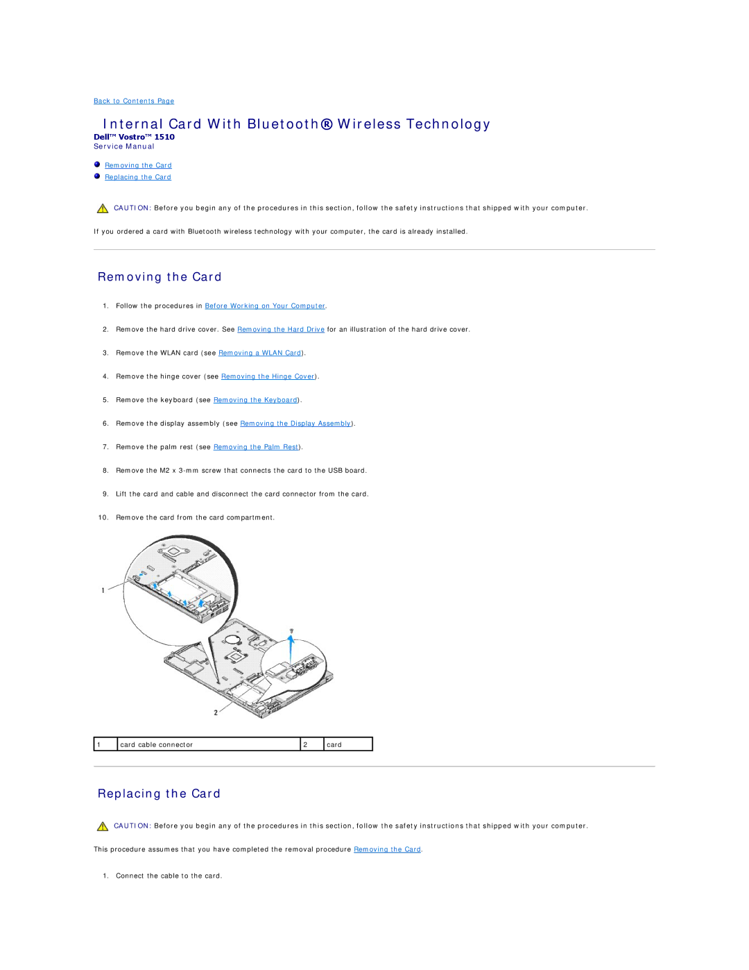 Dell 1510 service manual Internal Card With Bluetooth Wireless Technology, Removing the Card, Replacing the Card 