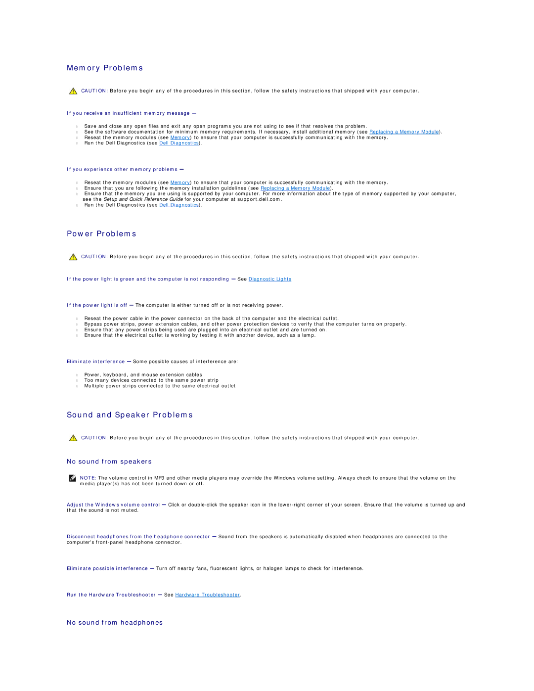 Dell 1510 Memory Problems, Power Problems, Sound and Speaker Problems, No sound from speakers, No sound from headphones 