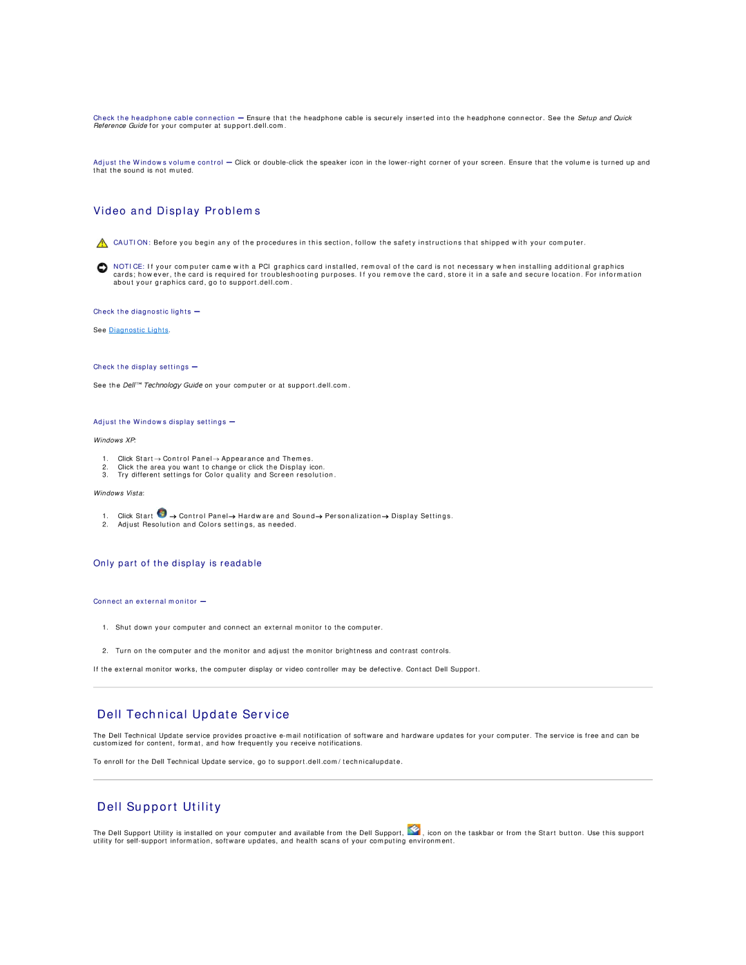 Dell 1510 service manual Dell Technical Update Service, Dell Support Utility, Video and Display Problems 