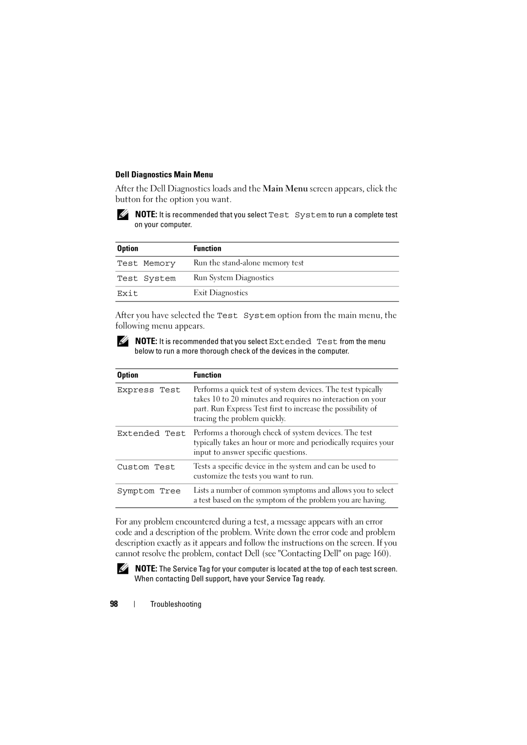 Dell 1525, 1526 owner manual Dell Diagnostics Main Menu, Express Test 