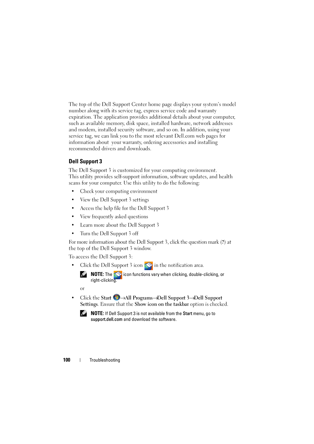 Dell 1525, 1526 owner manual Click the Dell Support 3 icon in the notification area, 100 
