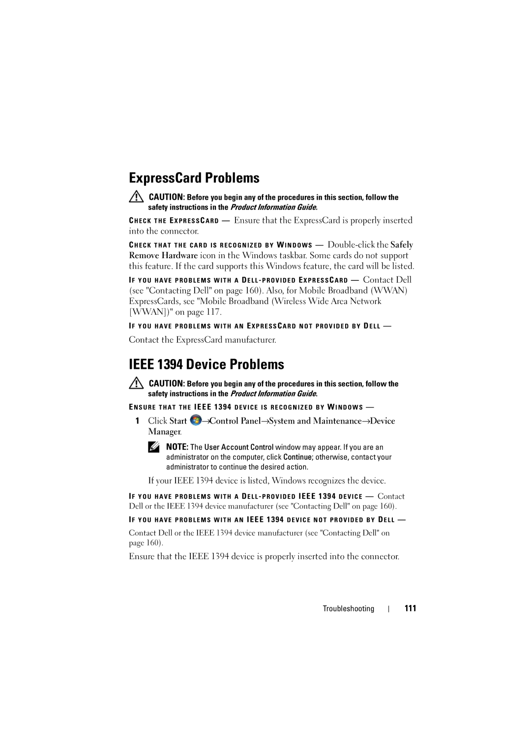 Dell 1526, 1525 owner manual ExpressCard Problems, Ieee 1394 Device Problems, 111 