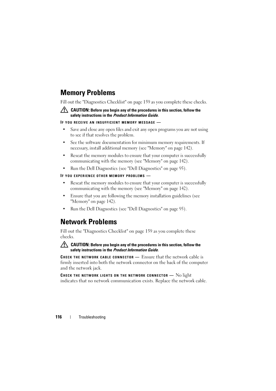 Dell 1525, 1526 owner manual Memory Problems, Network Problems, Run the Dell Diagnostics see Dell Diagnostics on, 116 