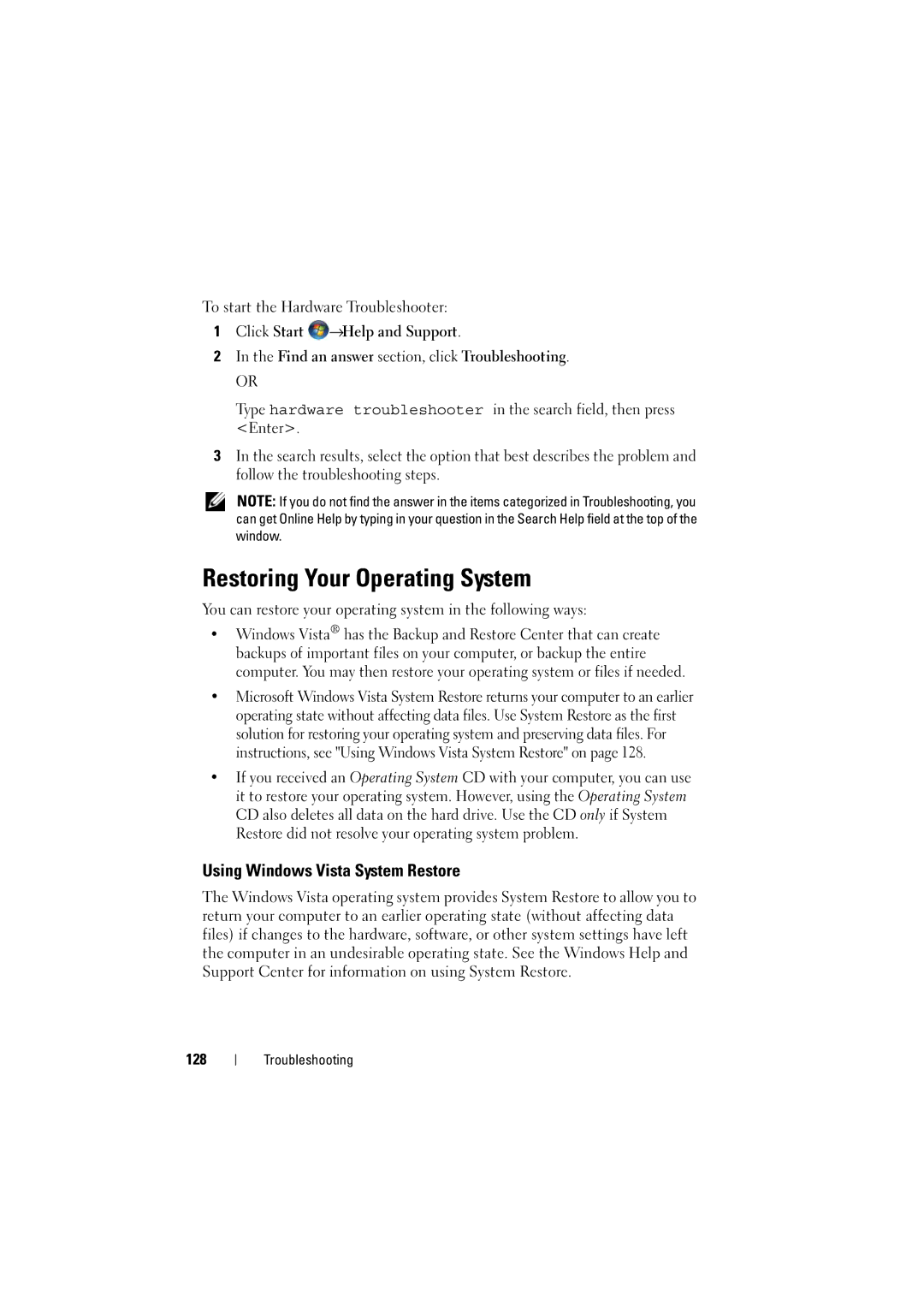 Dell 1525, 1526 owner manual Restoring Your Operating System, Using Windows Vista System Restore, 128 