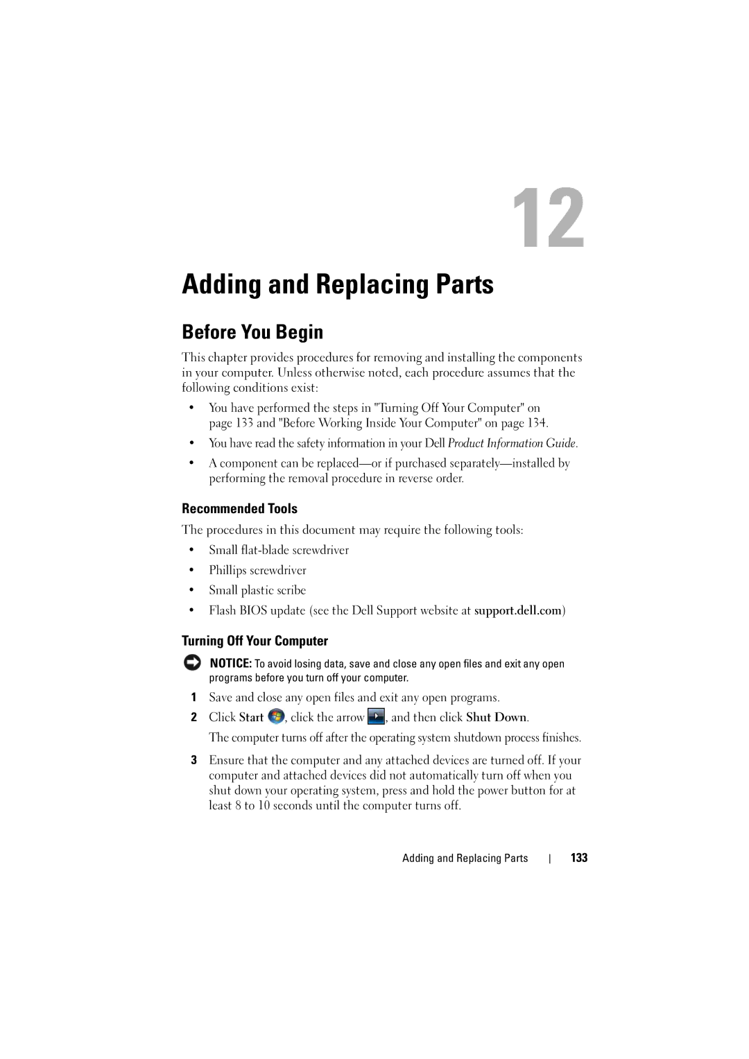 Dell 1526, 1525 owner manual Adding and Replacing Parts, Before You Begin, Recommended Tools, Turning Off Your Computer, 133 