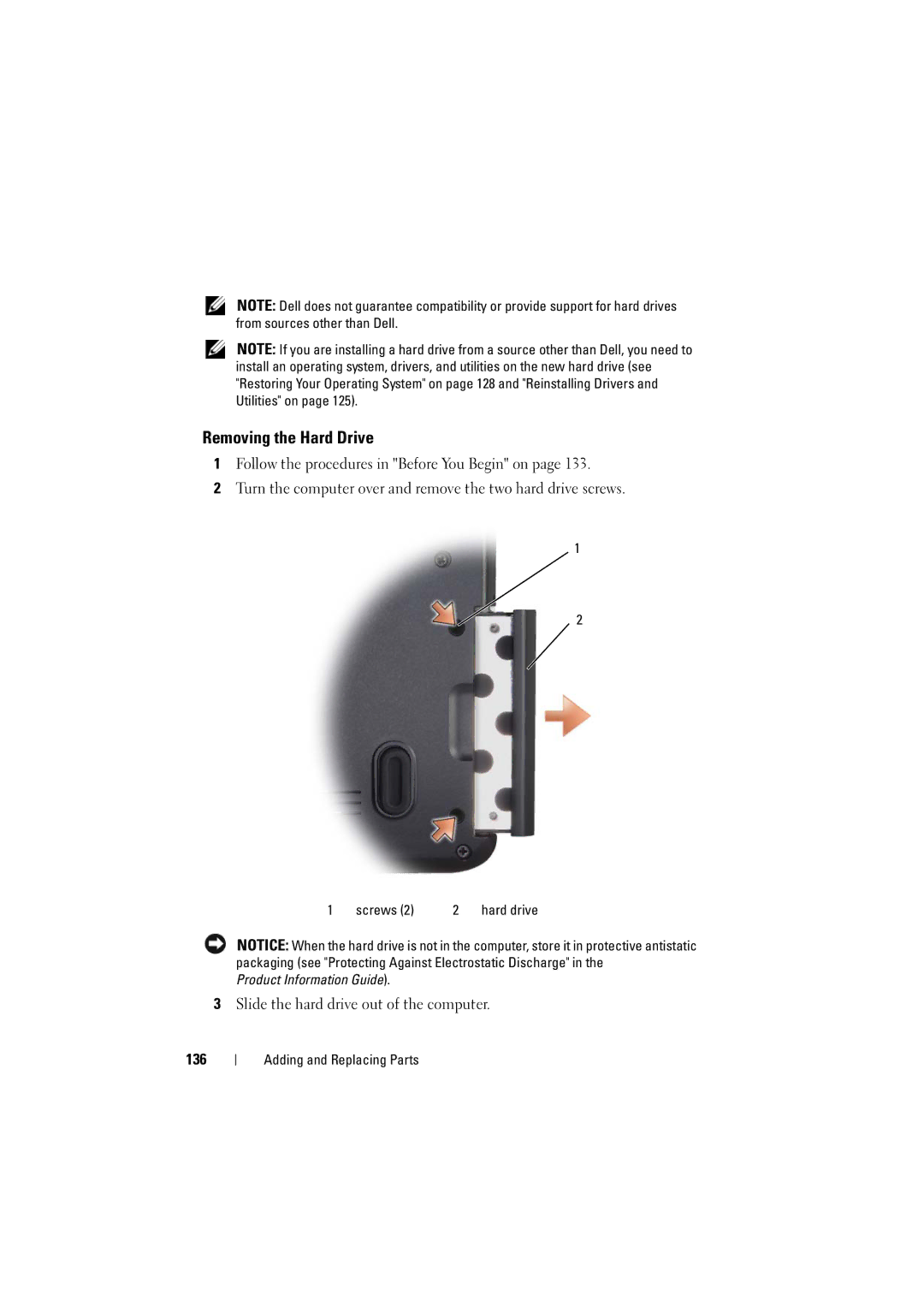 Dell 1525, 1526 owner manual Removing the Hard Drive, Slide the hard drive out of the computer 136 