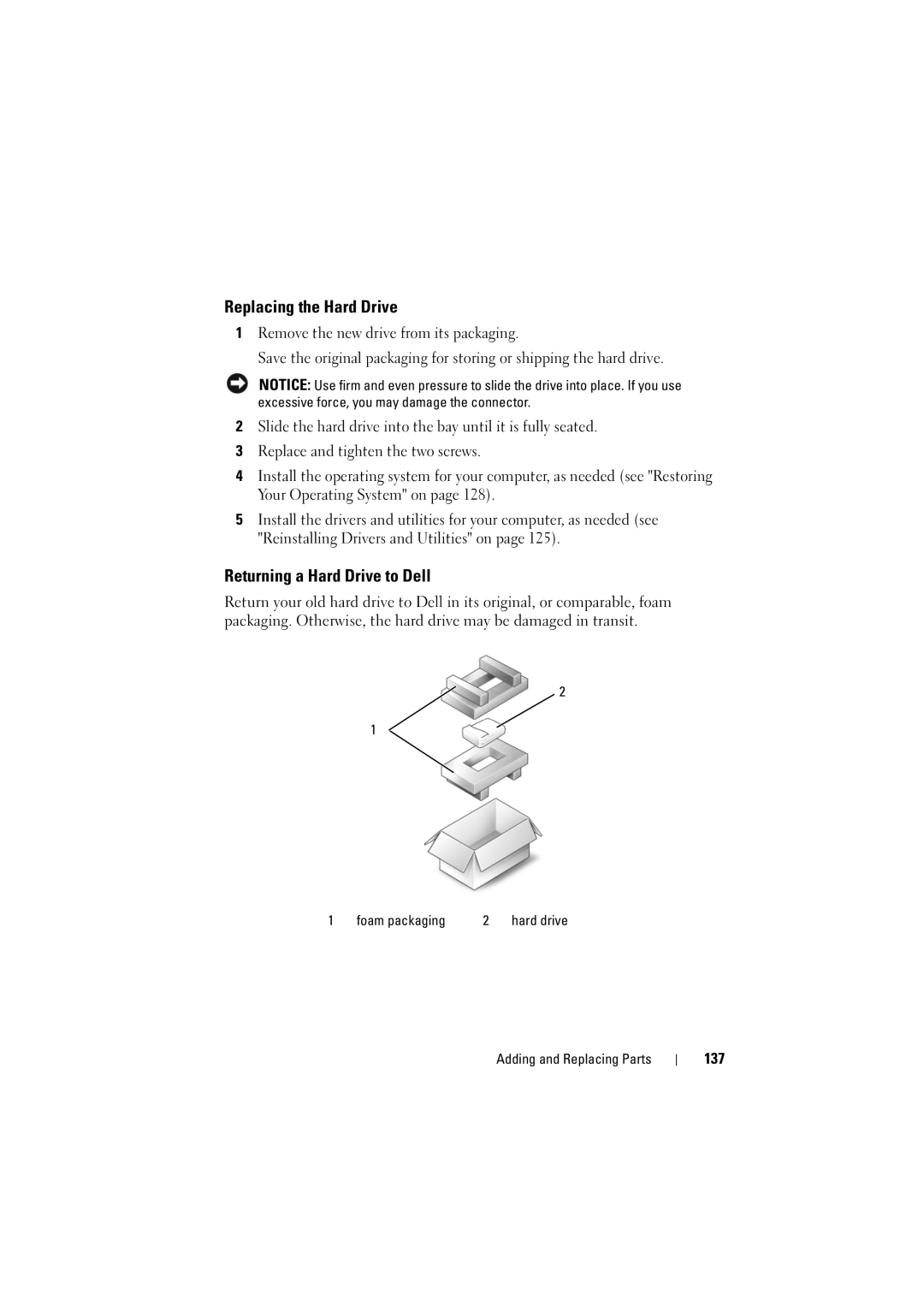 Dell 1526, 1525 owner manual Replacing the Hard Drive, Returning a Hard Drive to Dell, 137 