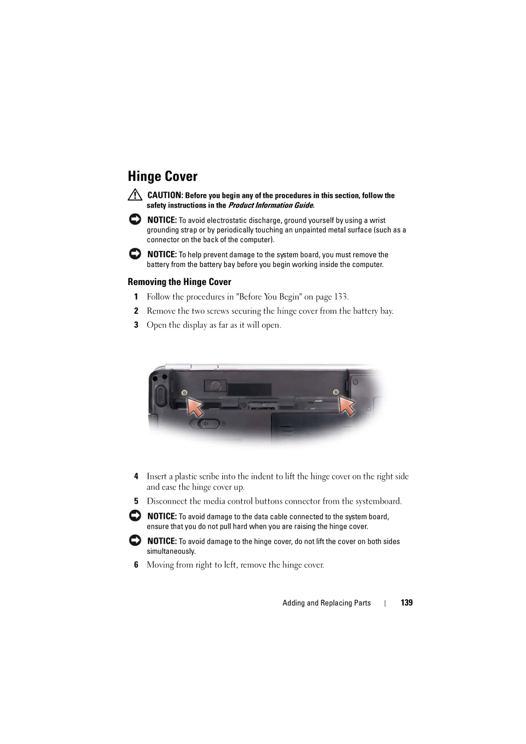 Dell 1526, 1525 owner manual Removing the Hinge Cover, 139 